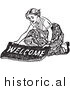 Illustration of a Smiling Young Lady Laying down a Welcome Mat - Black and White by Picsburg
