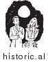 Illustration of a Young Couple Having Awkward Moment Under a a Beautiful Full Moon - Black and White by JVPD
