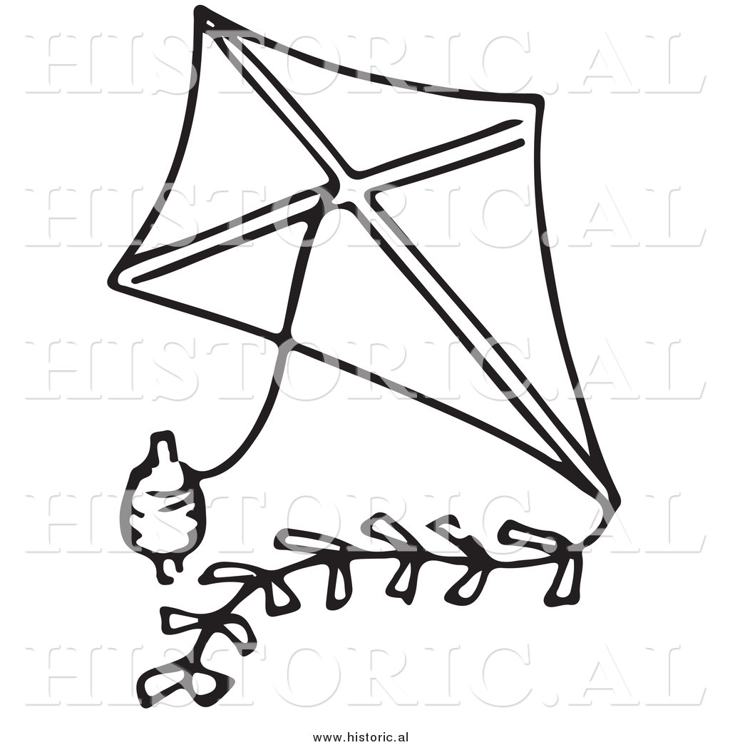 Clipart of a Classic Kite with String - Black and White Drawing by Picsburg  - #9292