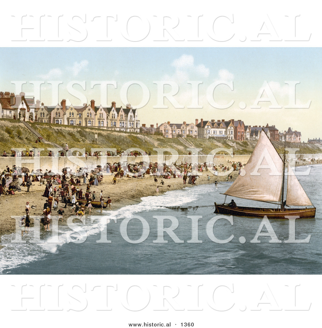 Historical Photochrom of People Crowding on the Beach As a Yacht Starts ...