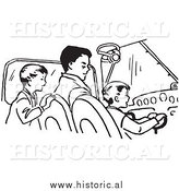 January 11th, 2014: Clipart of a Dad Teaching His Sons How to Fly an Airplane - Black and White Retro Drawing by Al
