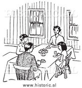 January 11th, 2014: Clipart of a Family Eating at Dinner Table - Black and White Retro Drawing by Al
