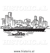 January 7th, 2014: Clipart of a Ship and Boat Traveling near a City - Black and White Line Art by Al