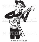 January 19th, 2014: Clipart of a Smiling Man Playing a Banjo - Black and White Drawing by Al