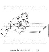 Historical Cartoon Illustration of a Stressed Man Taking a Test - Outlined Version by Al