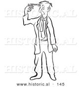 Historical Cartoon Illustration of a Suicidal Man Pointing a Gun to His Head - Outlined Version by Al