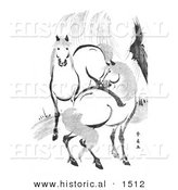 Historical Illustration of 2 Horses by a Willow Tree, Black and White by Al