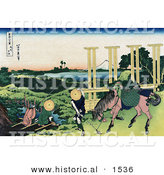 Historical Illustration of 2 People Fishing at a Weir in Senju, Musa, and One Person and Horse Transporting Rice Seedlings, Rice Paddies by Al