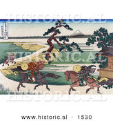 Historical Illustration of 3 People Riding Horses Along the Sumida River, with Mount Fuji in the Distance by Al