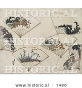 Historical Illustration of 6 Folding Hand Fans with Landscape Scenes by Al