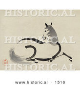 Historical Illustration of a Beautiful Horse Laying on the Ground Resting by Al