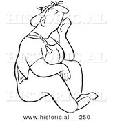 Historical Illustration of a Bored Cartoon Woman Sitting and Waiting - Outlined Version by Al