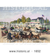 Historical Illustration of a Busy Street Scene of Horses and Carriages on a Road near a Building by Al