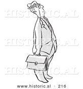 Historical Illustration of a Cartoon Businessman Looking Upwards While Holding a Briefcase - Outlined Version by Al