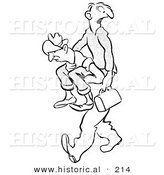 Historical Illustration of a Cartoon Man Carrying a Someone to Work on His Back - Outlined Version by Al