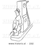 Historical Illustration of a Cartoon Man Holding a Can Beside a Gas Station Pump - Outlined Version by Al