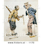 Historical Illustration of a Chinese Soldier Standing with Uncle Sam and Tags: Enlightenment, Servitude, Partisan Politics by Al