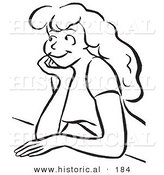 Historical Illustration of a Daydreaming Cartoon Girl Leaning Against Counter While Smiling - Outlined Version by Al