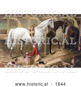 Historical Illustration of a Dog Watching a Jockey Kneeling and Praying for a Successful Race in a Horse Stable by Al