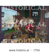 Historical Illustration of a Donkey and a Dog Watching a Farrier Applying Horseshoes to a Horse by Al