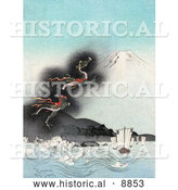 Historical Illustration of a Dragon Rising to the Top of Mt Fuji, Causing Strong Waves to Flow Towards Ships by Al