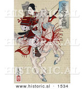 Historical Illustration of a Female Japanese Warrior, Han Gaku, Armed with a Bow and Arrows, on the Back of a Rearing Horse by Al