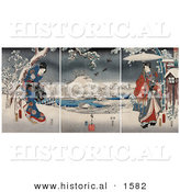 Historical Illustration of a Geisha Woman Wearing a Gown and a Man Holding an Umbrella in a Snowy Landscape by Al