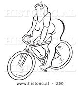 Historical Illustration of a Grumpy Cartoon Woman Riding a Bicycle - Outlined Version by Al