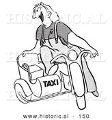 Historical Illustration of a Happy Cartoon Female Taxi Driver Sitting on an Old Motorcycle with Sidecar - Black and White Version by Al