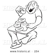 Historical Illustration of a Happy Cartoon Man Eating Donuts and Drinking Coffee with a Big Smile on His Face - Outlined Version by Al