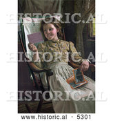 Historical Illustration of a Happy Girl Sitting in a Rocking Chair and Looking at Photographs by Al