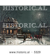 Historical Illustration of a Horse Drawn Carriage and People Arriving at a House for a Christmas Party on the Night of Christmas Eve by Al