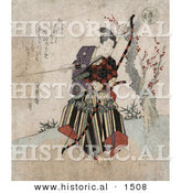 Historical Illustration of a Japanese Guy Practicing Archery, Holding a Bow and Arrow by Al