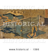 Historical Illustration of a Japanese Man and Woman Separated by an Interior Screen Wall by Al