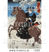 Historical Illustration of a Japanese Person Riding Sidesaddle on a Horse Through Snow by Al