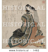 Historical Illustration of a Japanese Woman Holding a Garment and a Folding Fan at Her Feet by Al
