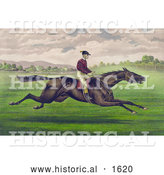 Historical Illustration of a Jockey Riding a Brown Gelding, Leaping Across a Grassy Field by Al