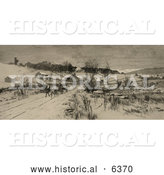 Historical Illustration of a Man on a Horse Drawn Wagon, Traveling Through a Village in the Snow by Al