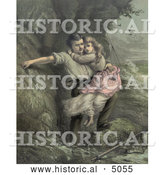 Historical Illustration of a Man Rescuing a Girl, Possibly His Daugher, from a Shipwreck in a Stormy Sea, C 1878 by Al