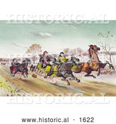 Historical Illustration of a Man, Woman and Senior Man Racing Horses down a Street in Winter by Al