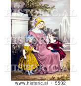Historical Illustration of a Mother with Son and Daughter by a Water Fountain in a Park by Al