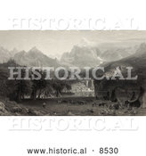August 25th, 2013: Historical Illustration of a Native American Encampment with Tipis and Horses on a Lake Shore in Yosemite Valley of the Rocky Mountains by Al