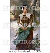 July 16th, 2013: Historical Illustration of a Pretty Puritan Woman Holding Holly in Her Apron While Standing in the Snow by Al