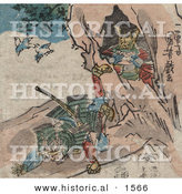 Historical Illustration of a Samurai Falling in Front of a Cave with Treasure by Al