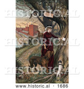 Historical Illustration of a Woman in Horseback Riding Clothes, Putting a Note in a Tree, Her Dogs Beside Her and Horse and Mill in the Background by Al