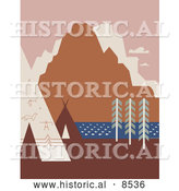 Historical Illustration of American Indian Tipis and Rock Art near a River and Mountains in Montana by Al