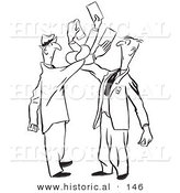 Historical Illustration of Cartoon Men Trying to Exchange Cards While Getting Tangled up - Outlined Version by Al