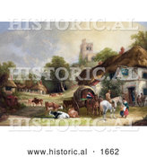 Historical Illustration of Cattle, Horses, People and Carriages at the Swan Inn of a Village, with a Castle in the Background by Al