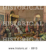 Historical Illustration of Christopher Columbus with Natives from the New World, Standing Proudly Before the King and Queen of Spain, King Ferdinand and Queen Isabella, at the Court of Barcelona, Spain in February of 1493 by Al
