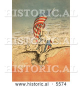 Historical Illustration of Columbia on an Eagle, Holding Flag, Followed by Airplanes by Al